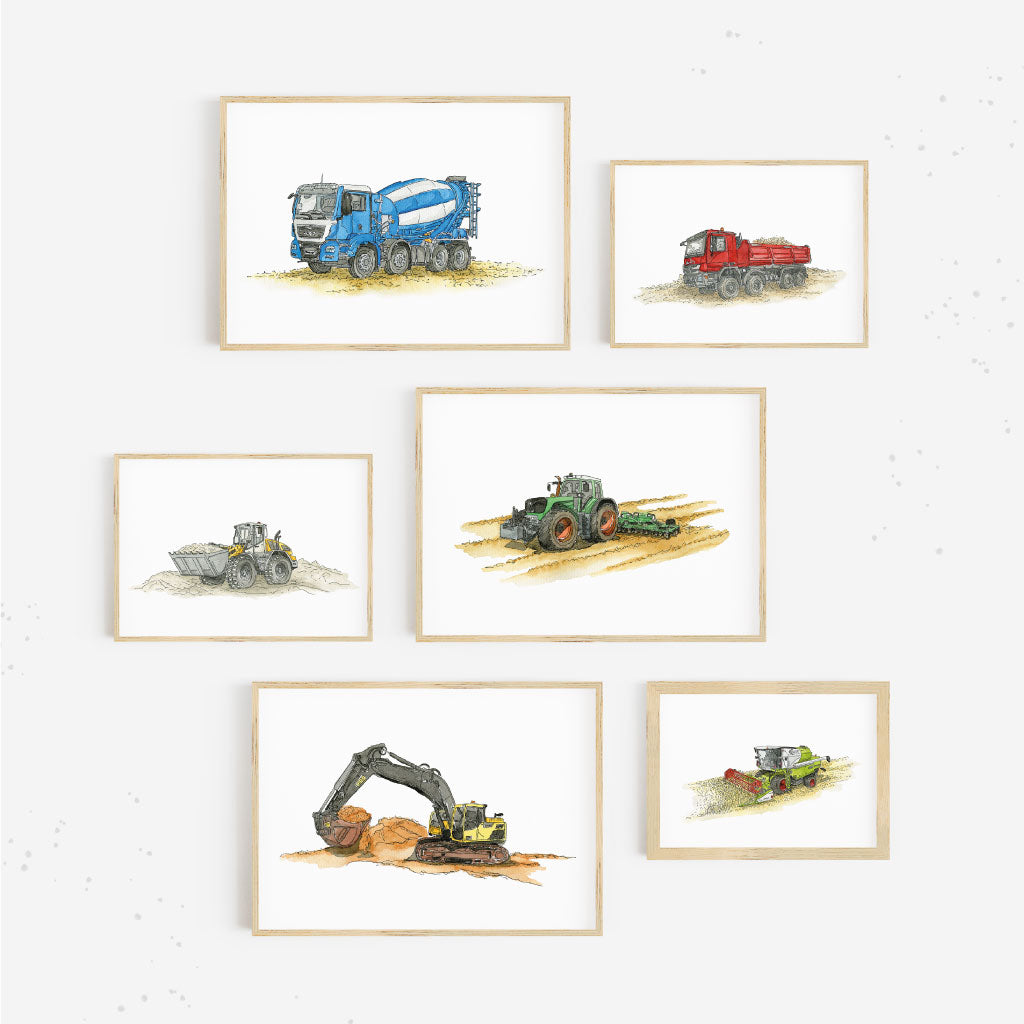 Set aus handgemalten Aquarell-Postern mit Baustellenfahrzeugen wie Bagger, Betonmischer und Traktor – ideal für Kinderzimmer oder Fahrzeug-Fans.