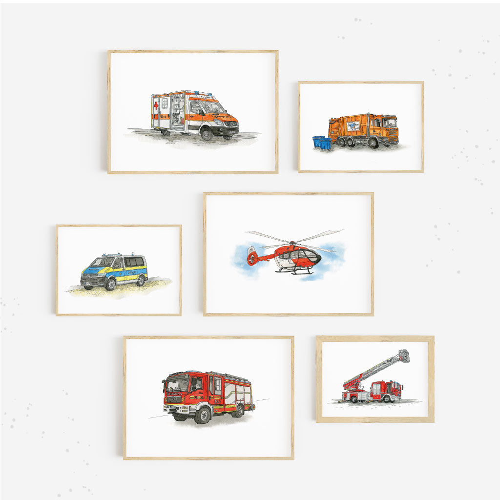 Aquarell Poster Set mit detailreichen Illustrationen von Feuerwehr, Polizei, Müllwagen und Rettungsdienst – als 2er oder 3er Bundle frei kombinierbar.