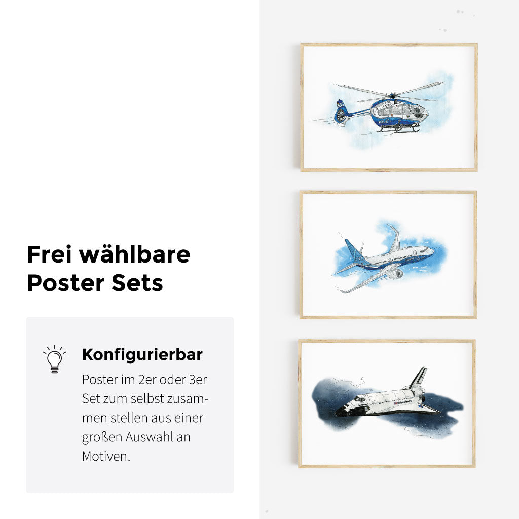 Frei wählbares Poster Set mit Aquarellmotiven aus Luftfahrt und Raumfahrt, darunter Helikopter, Passagierflugzeug und Space Shuttle.