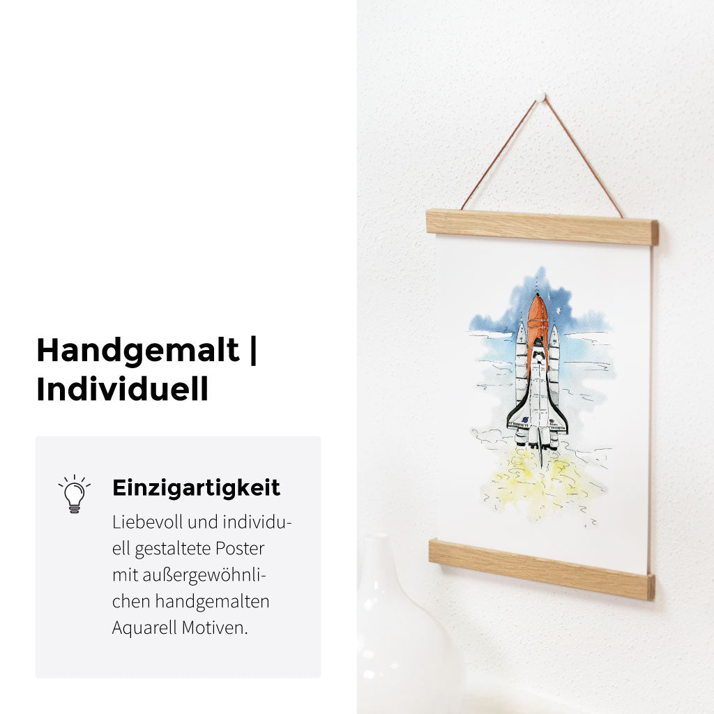 Individuell gestaltetes Poster mit Aquarellmotiv eines startenden Space Shuttles – perfekt als Teil eines 2er oder 3er Sets zum Thema Weltall.