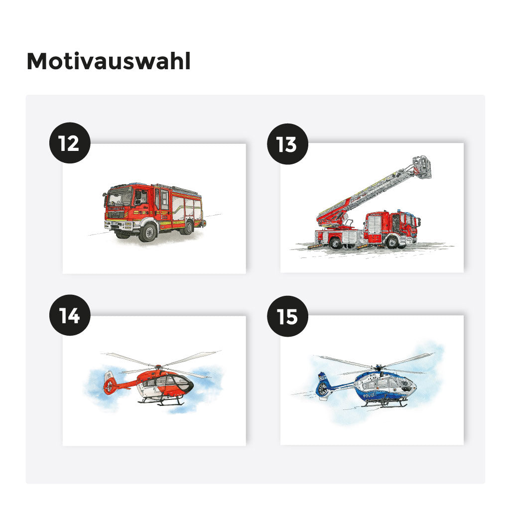 Motivauswahl für personalisierbares Poster Set mit Feuerwehr, Polizei und Rettungshubschrauber – liebevoll handgemalt in Aquarell.