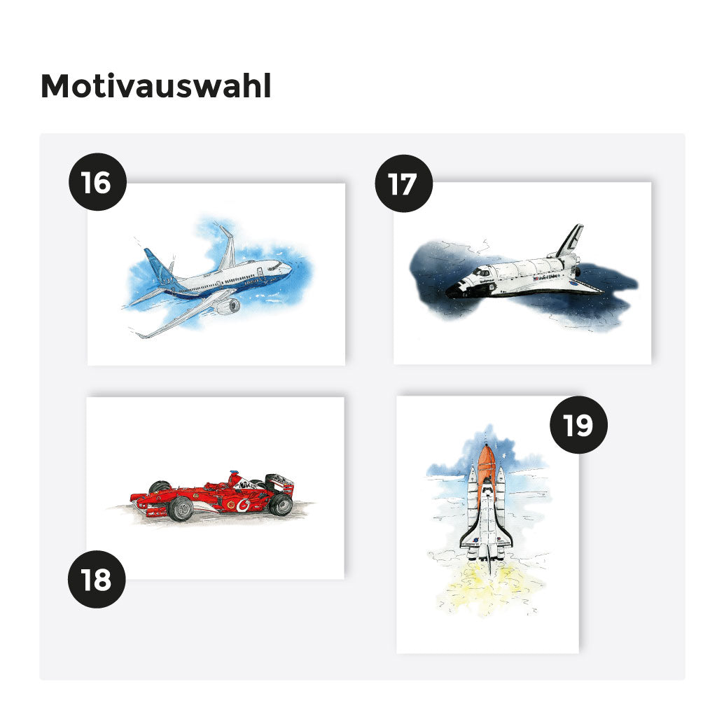 Vielfältige Motive zur Auswahl: Passagierflugzeug, Space Shuttle, Rennwagen und Raketenstart als Aquarellposter im Set kombinierbar.