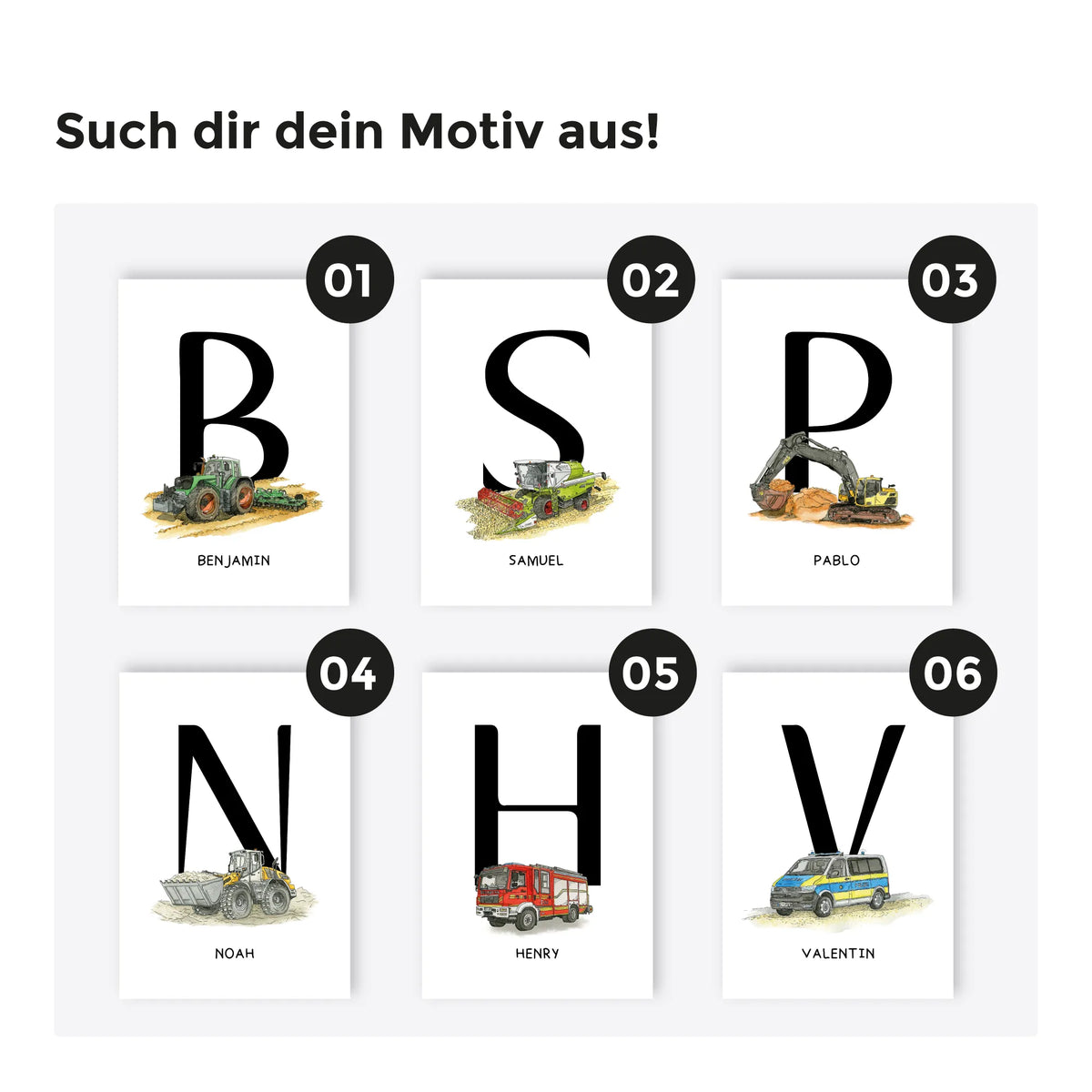 Übersicht aller sechs Aquarell Motiv Varianten des personalisierbaren Fahrzeugposters: Traktor, Mähdrescher, Bagger, Radlader, Feuerwehr und Polizei mit Name