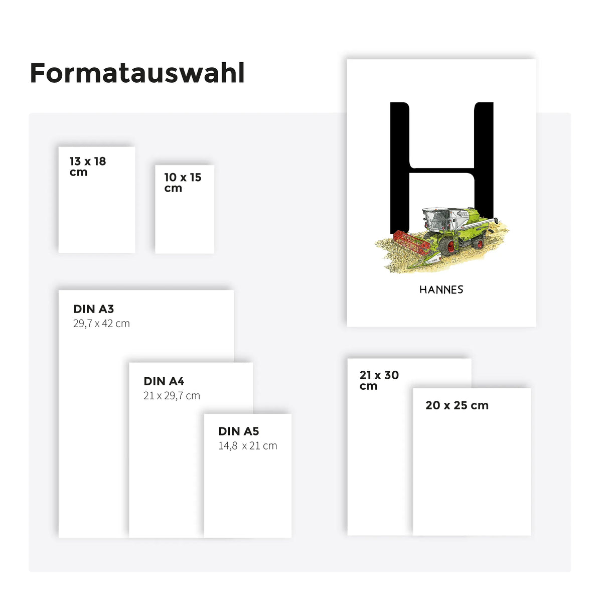 Formatauswahl für das personalisierbare Fahrzeugposter mit Aquarell Motiv Mähdrescher, erhältlich in sechs Größen von 10x15 cm bis DIN A3