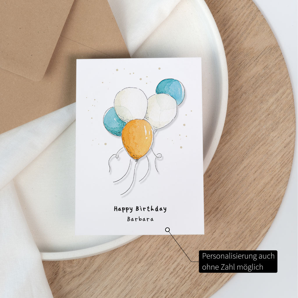 Glückwunschkarte zum Geburtstag mit Text "Happy Birthday" und Name