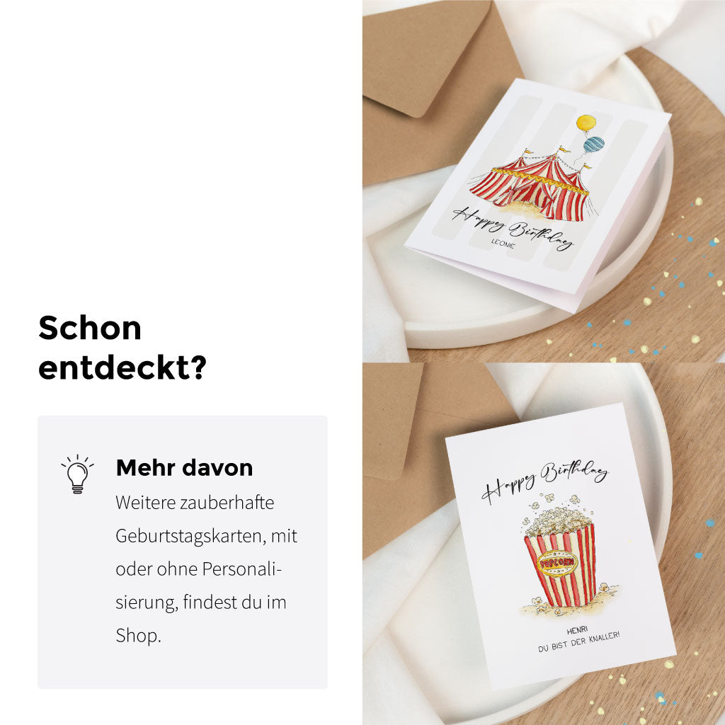 Zwei weitere Aquarell-Geburtstagskarten aus der Zirkusserie: Popcorntüte mit Text und Zirkuszelt, beide mit Option zur Namenspersonalisierung.