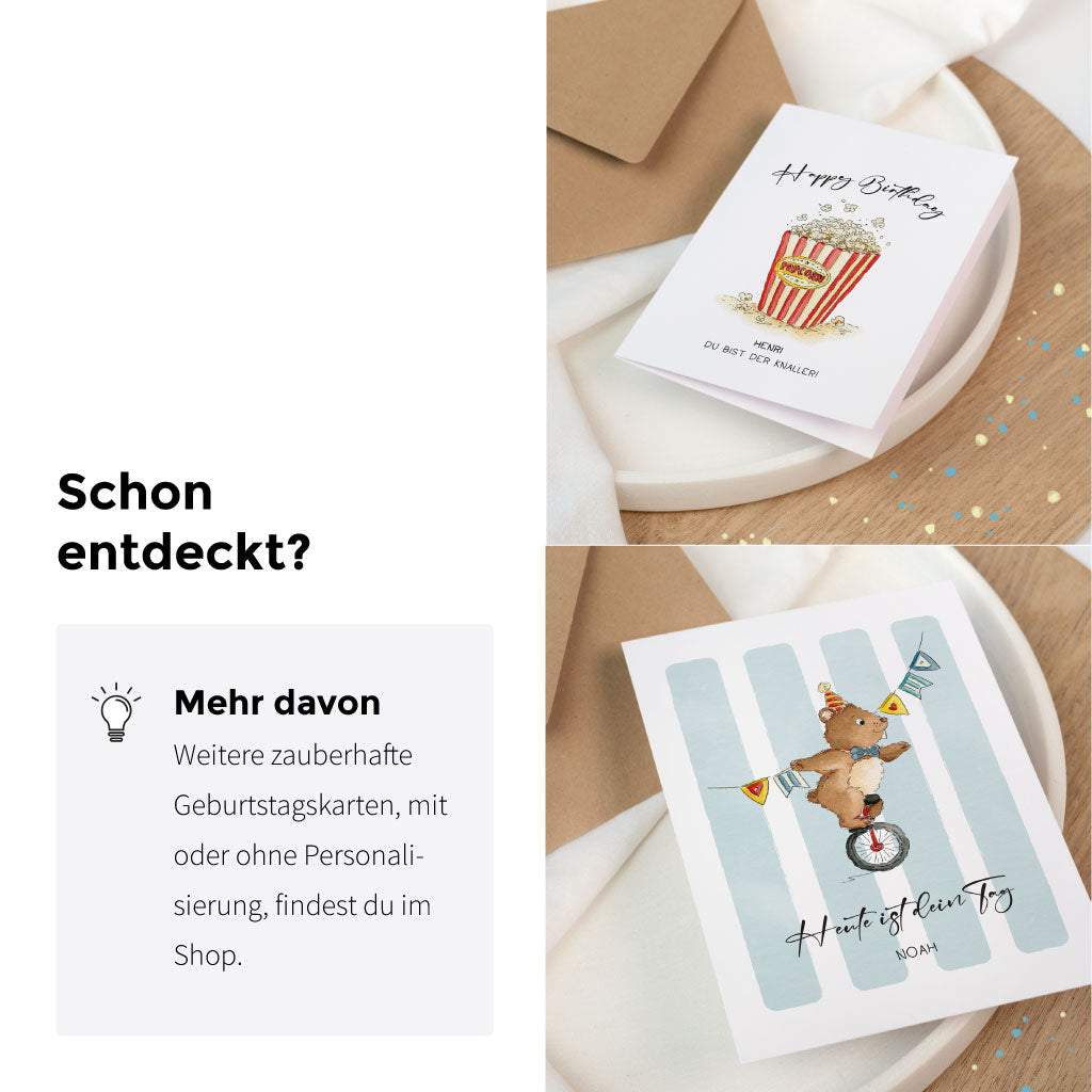 Zwei weitere personalisierbare Geburtstagskarten im Aquarell-Stil: eine mit Popcorn-Motiv und Name, die andere mit Zirkusbär auf Einrad und Wimpelkette.