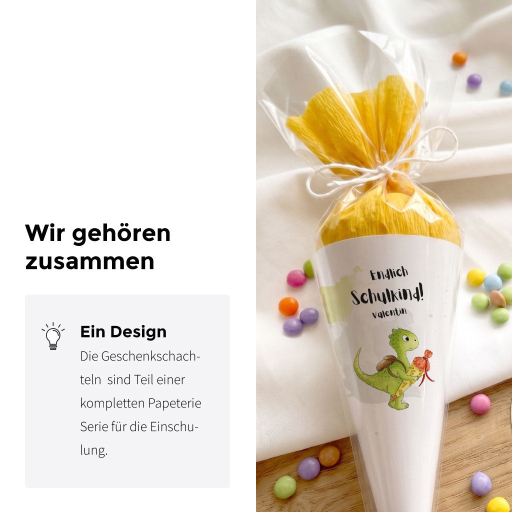 DIY Mini Schultüte mit passendem Dinosaurier Motiv als Ergänzung zur Geschenkbox für den ersten Schultag.