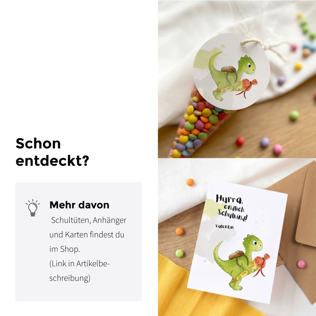 Übersicht der passenden Papeterie Produkte wie Geschenkanhänger und Grußkarte mit dem gleichen Dino Aquarell Motiv.