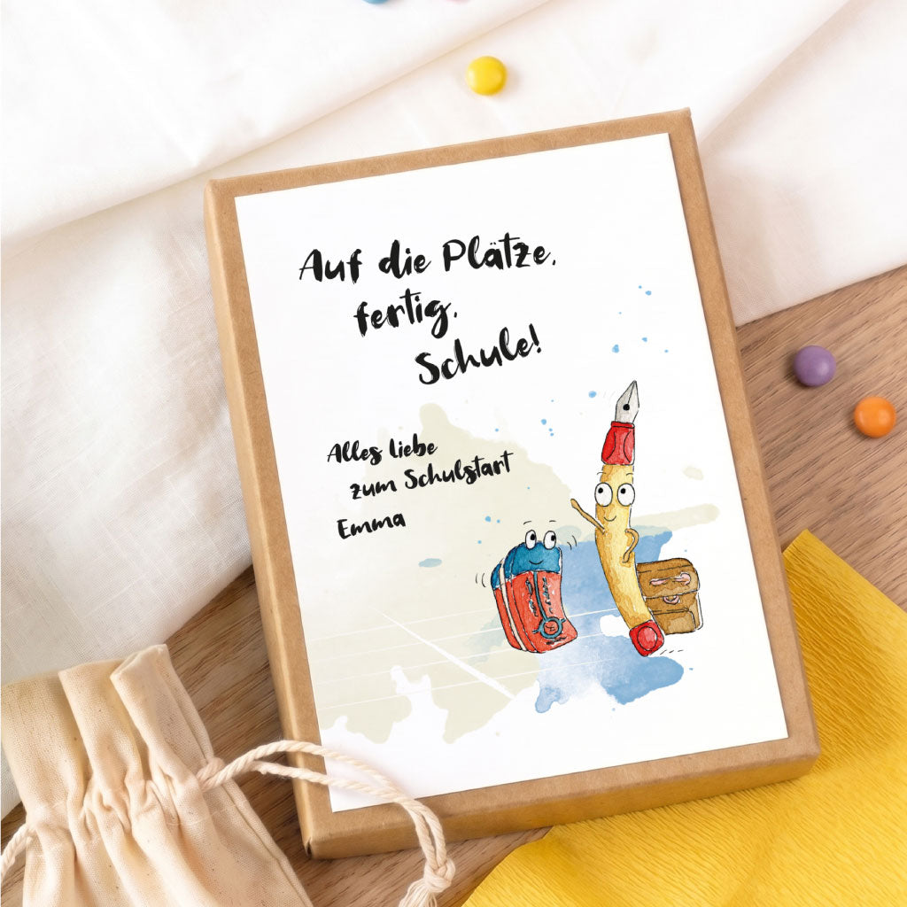 Personalisierte Geschenkbox zur Einschulung mit Füller und Radiergummi Aquarell Motiv für Geldgeschenke.