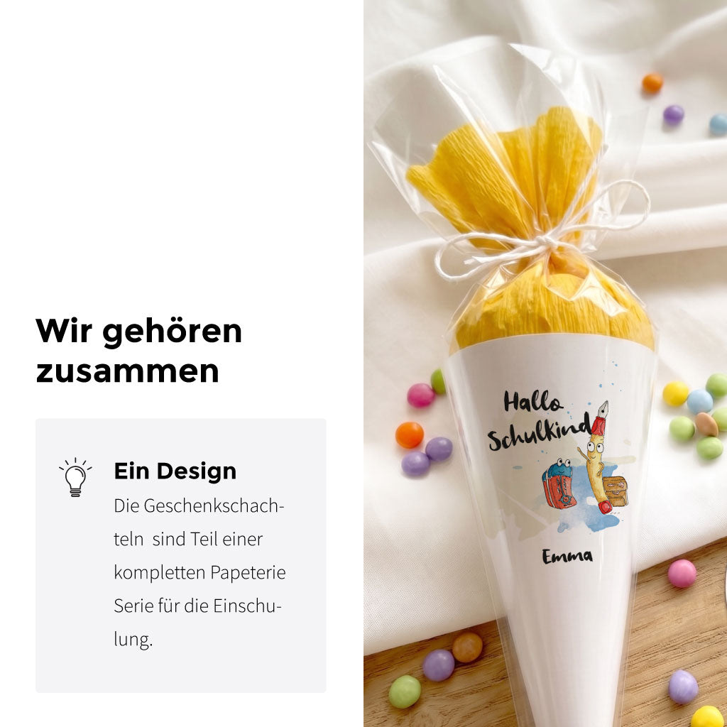 Mini DIY Schultüte für Schulkinder mit passendem Stifte Aquarell Motiv als Ergänzung zur Geschenkbox.