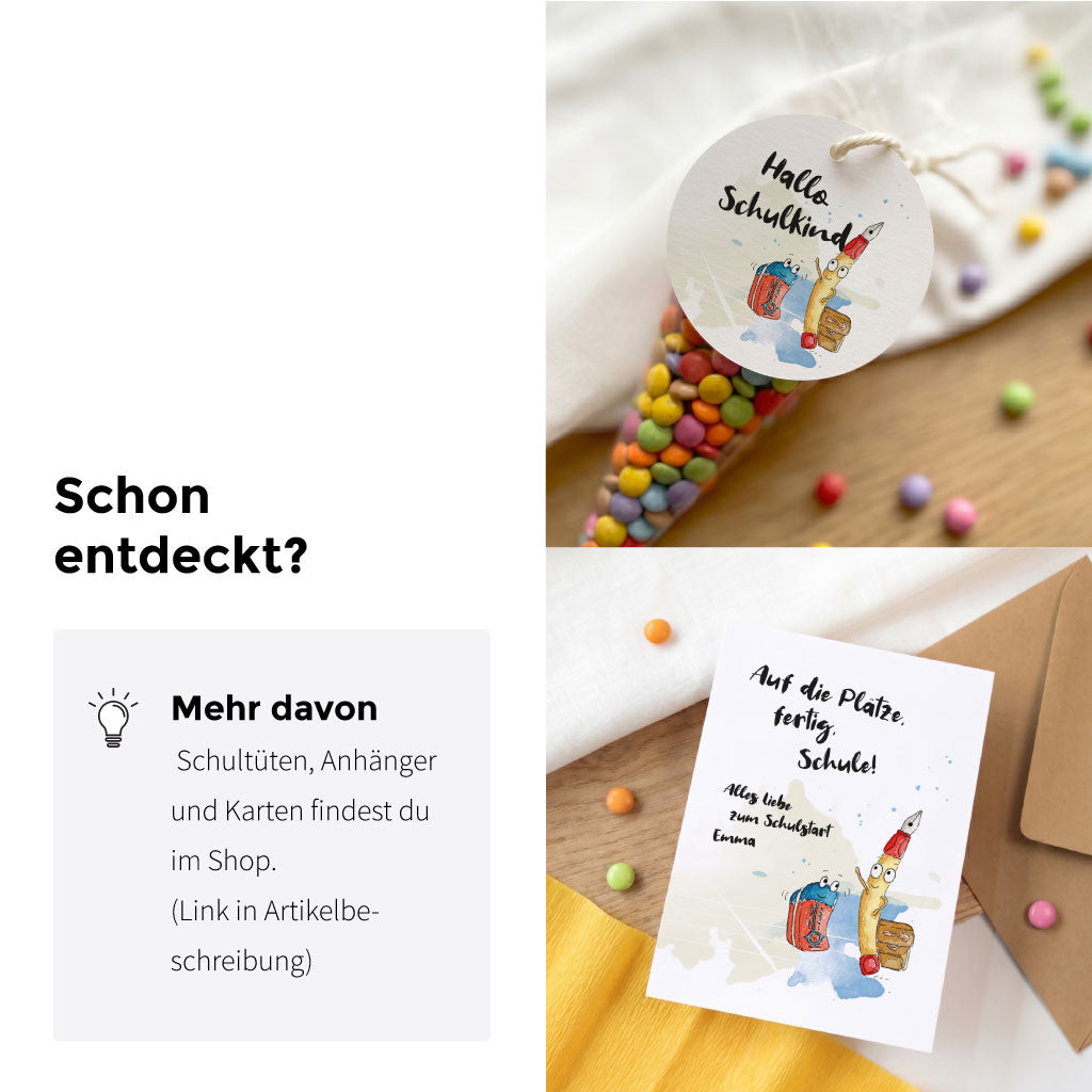 Übersicht der Papeterie Serie zur Einschulung mit Geschenkanhängern und Grußkarten im einheitlichen Design.