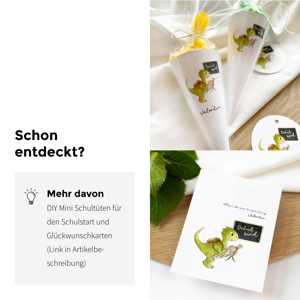 Dino Produkte zur Einschulung: Karte, Geschenkbox, Anhänger, DIY Schultüte und Download Bastelvorlage