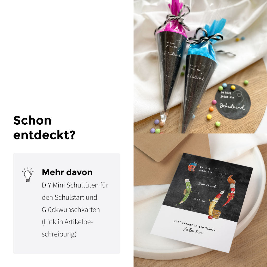 Schulkind Produkte zur Einschulung: Karte, Geschenkbox, Anhänger, DIY Schultüte und Download Bastelvorlage