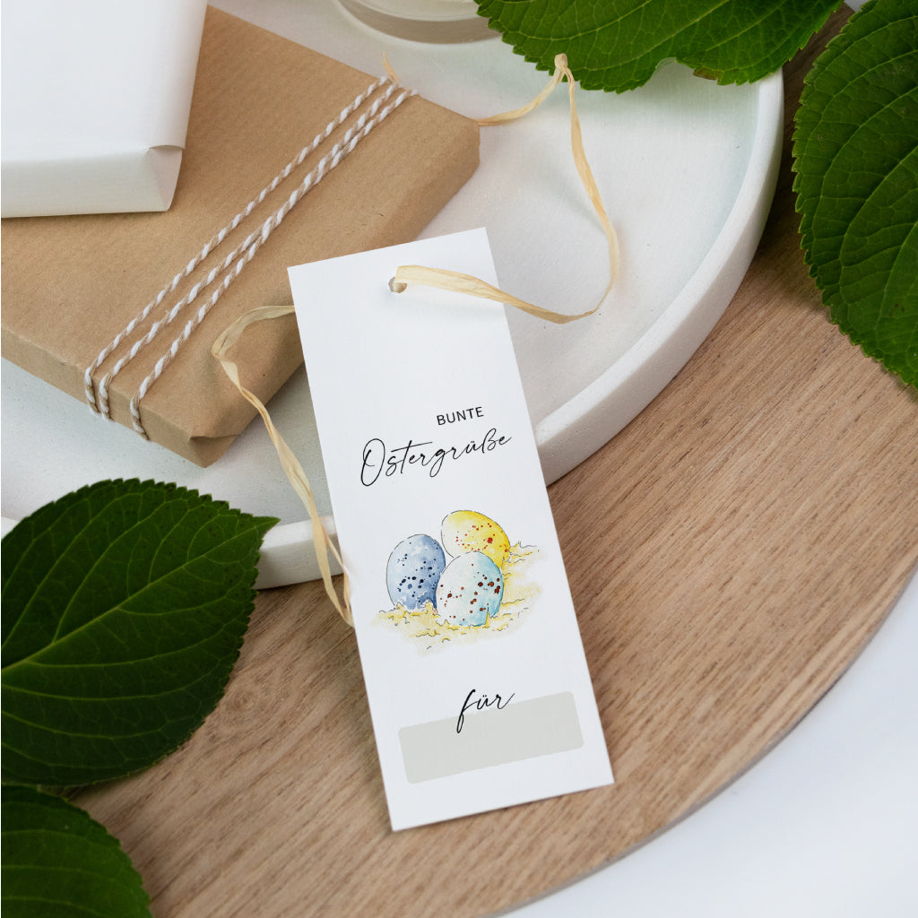 Geschenkanhänger mit Aquarell-Ostereiern und der Aufschrift „Bunte Ostergrüße“ – dekorativer Anhänger zum Beschriften für Ostergeschenke.