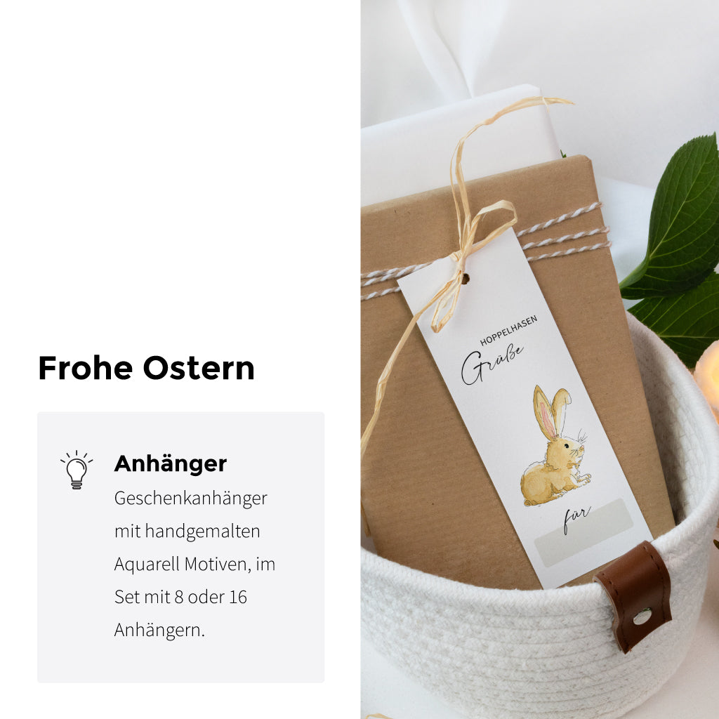 Großer Osteranhänger mit Aquarell-Hasenmotiv und der Aufschrift „Hoppelhasen Grüße“ – kreative Idee zum Verpacken von Ostergeschenken.