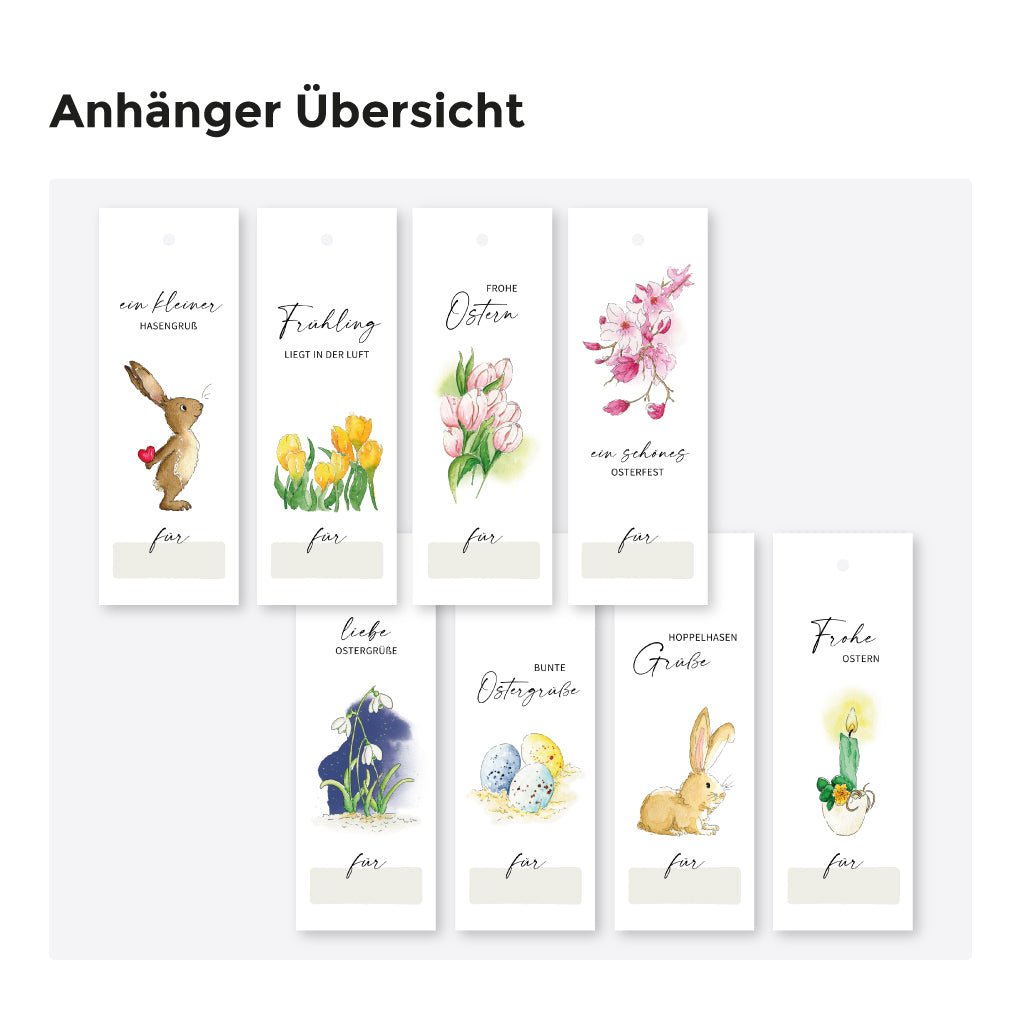 Übersicht aller großen Geschenkanhänger zu Ostern mit verschiedenen Aquarellmotiven wie Osterhase, Ostereier, Kerze und Frühlingsblumen – ideal für Osterdekoration und Geschenkverpackung.