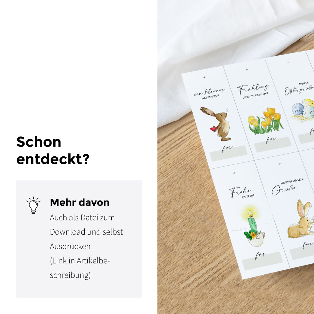Druckvorlage mit Osteranhängern zum Ausschneiden – Aquarellmotive mit Hasen, Eiern und Blumen als kreative Osterdekoration zum Selbermachen.