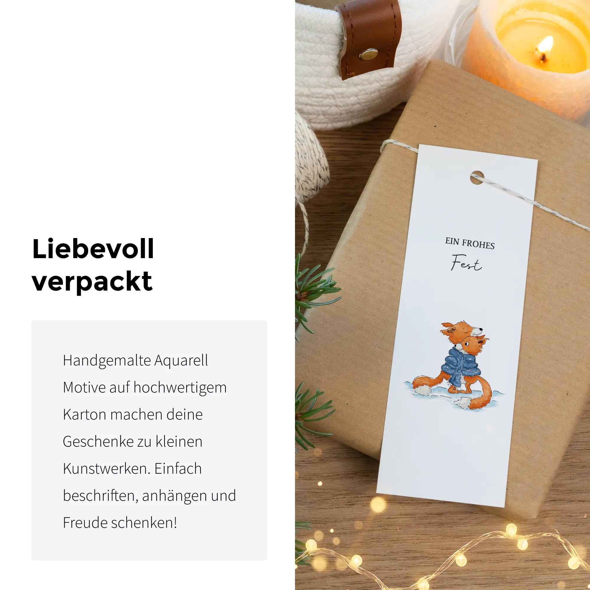 Eine Grafik mit Produktinfo neben einem Weihnachtsanhaenger mit handgemaltem Aquarell Motiv.