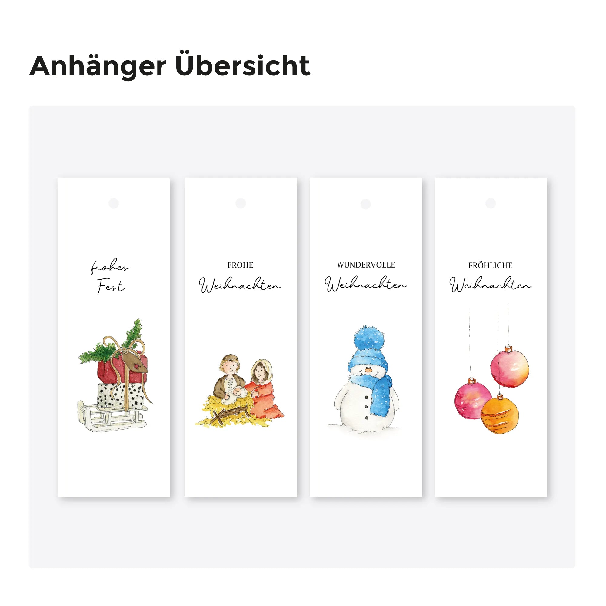 Eine Übersicht von vier verschiedenen Geschenkanhängern mit weihnachtlichen Aquarell Motiven auf hellem Grund.
