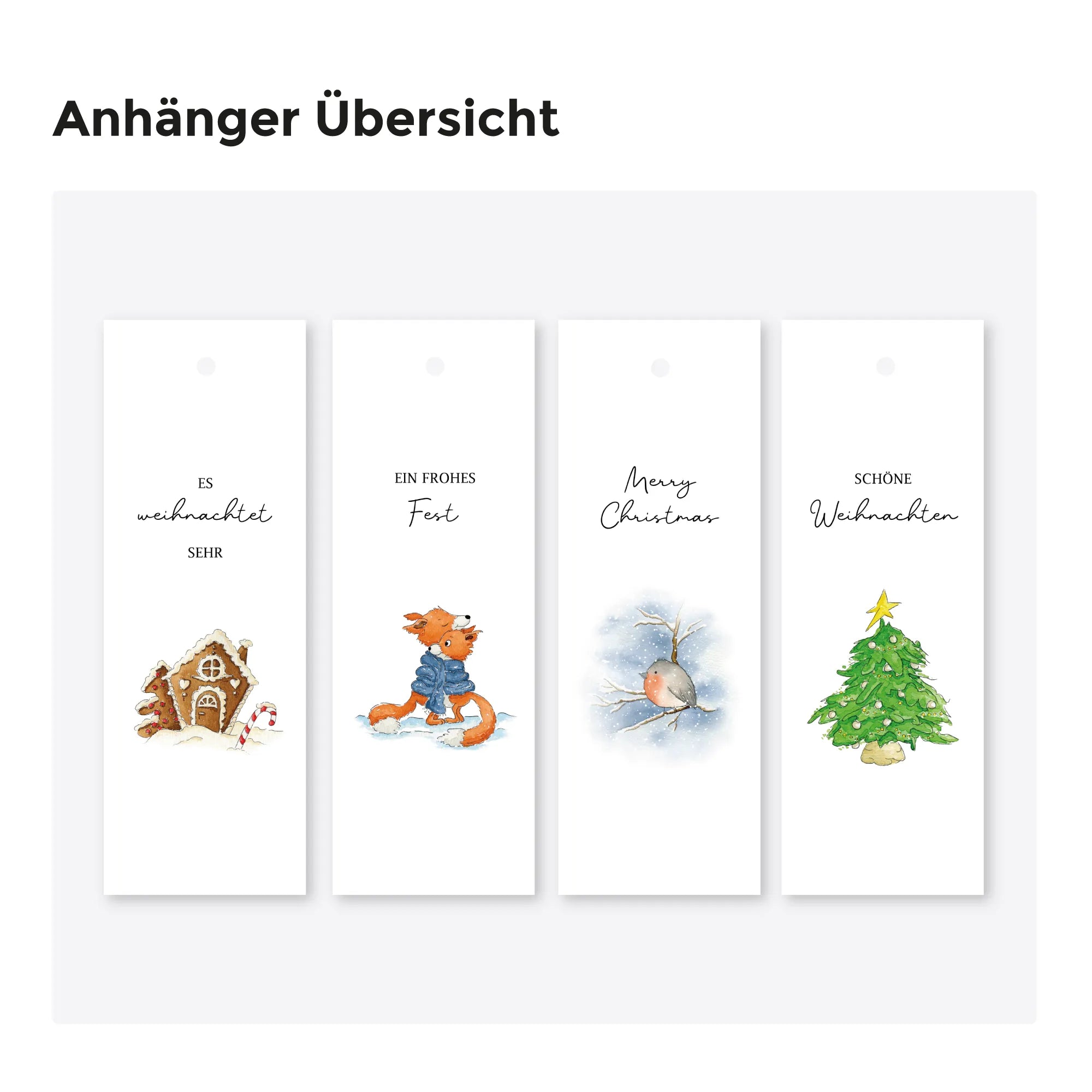 Eine Übersicht von vier weiteren Geschenkanhängern mit weihnachtlichen Aquarell Motiven auf hellem Grund.