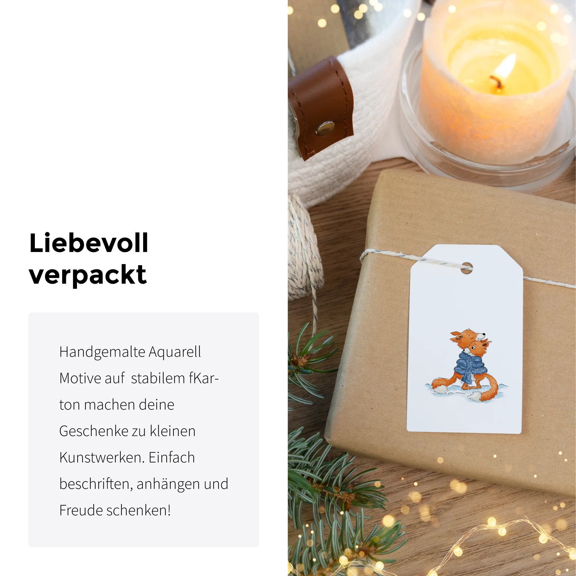 Liebevoll verpacktes Weihnachtsgeschenk mit einem Anhänger der zwei Füchse im Schnee als Aquarell Motiv zeigt.