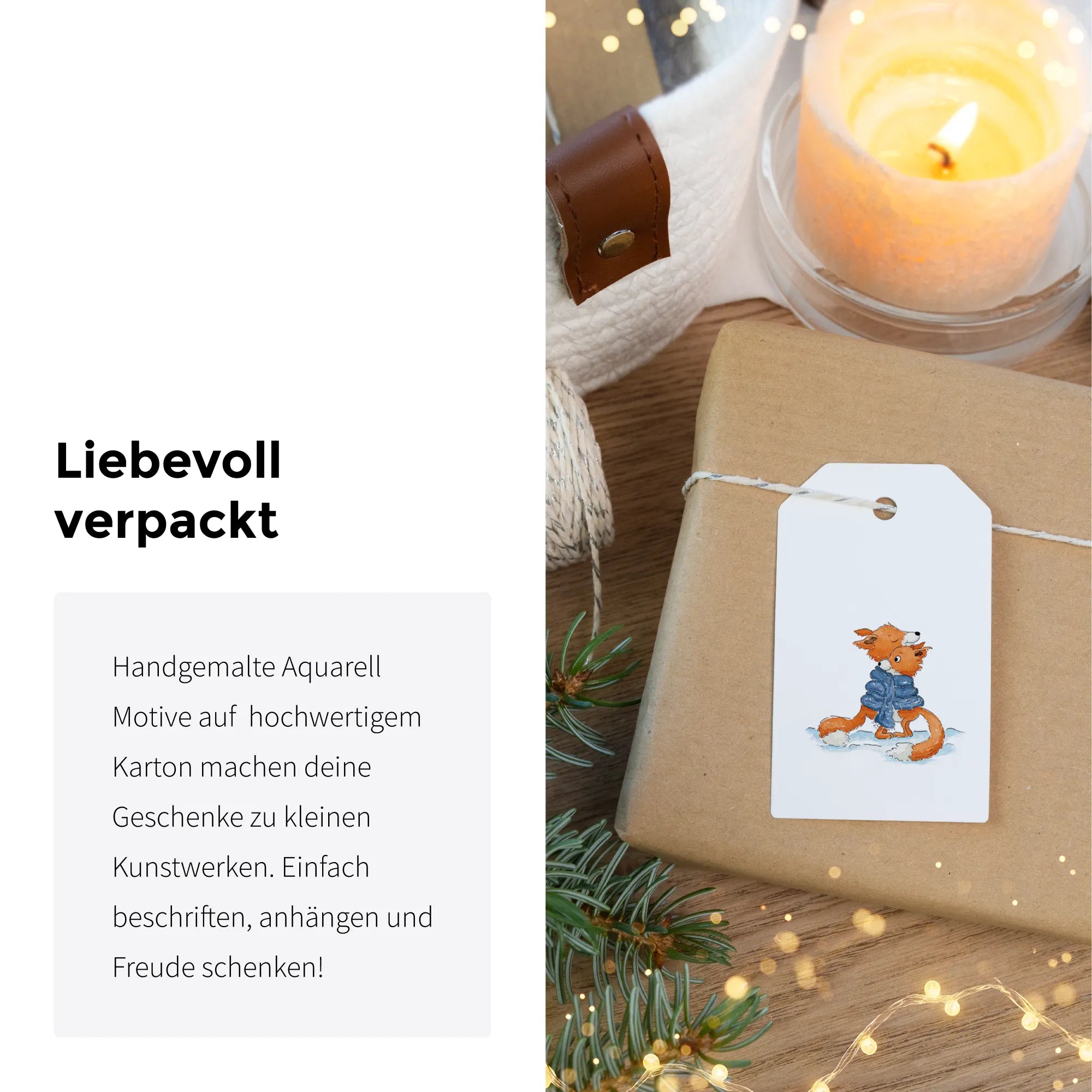 Liebevoll verpacktes Weihnachtsgeschenk mit einem Anhänger der zwei Füchse im Schnee als Aquarell Motiv zeigt.
