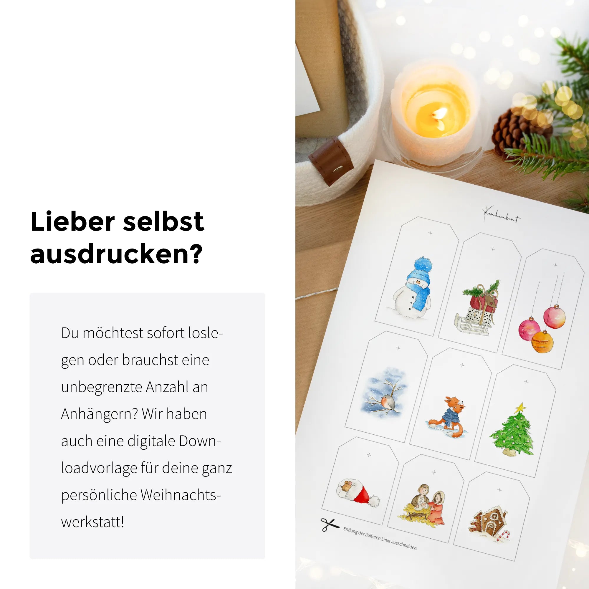 Digitale Vorlage der Weihnachtsanhänger zum Selbstausdrucken mit buntem Aquarell Motiv für schnelles Basteln.