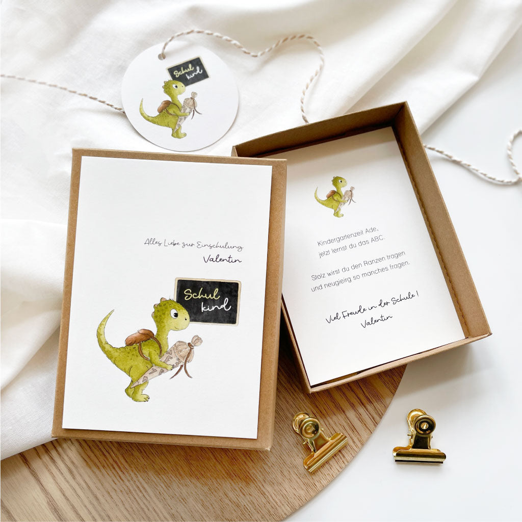 Geschenkbox zur Einschulung mit Dinosaurier Motiv