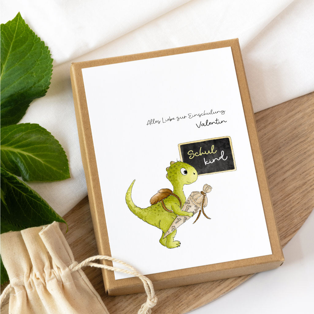 Geschenkbox zur Einschulung mit Dinosaurier Motiv