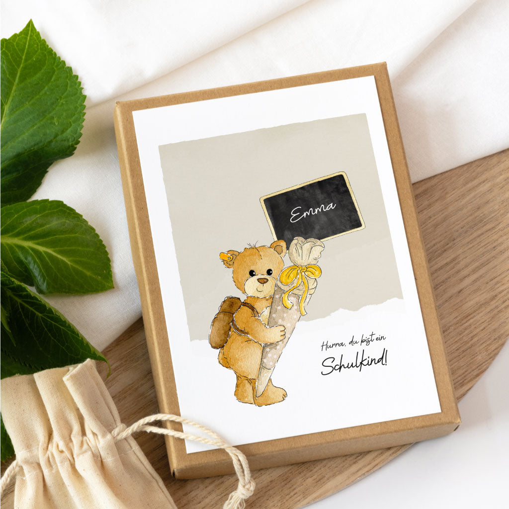 Geschenkbox zur Einschulung mit Teddy Bär Motiv