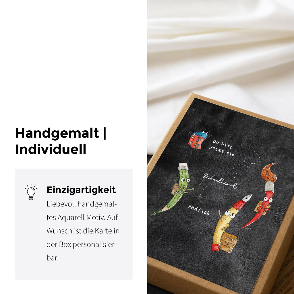 Geschenkbox für Schulanfänger zum Schulstart mit handgemaltem Aquarell Motiv