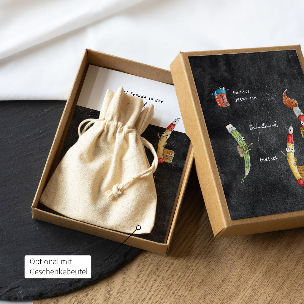 Geschenkschachtel ist optional mit Baumwollbeutel erhältlich, ideal für Geldgeschenk