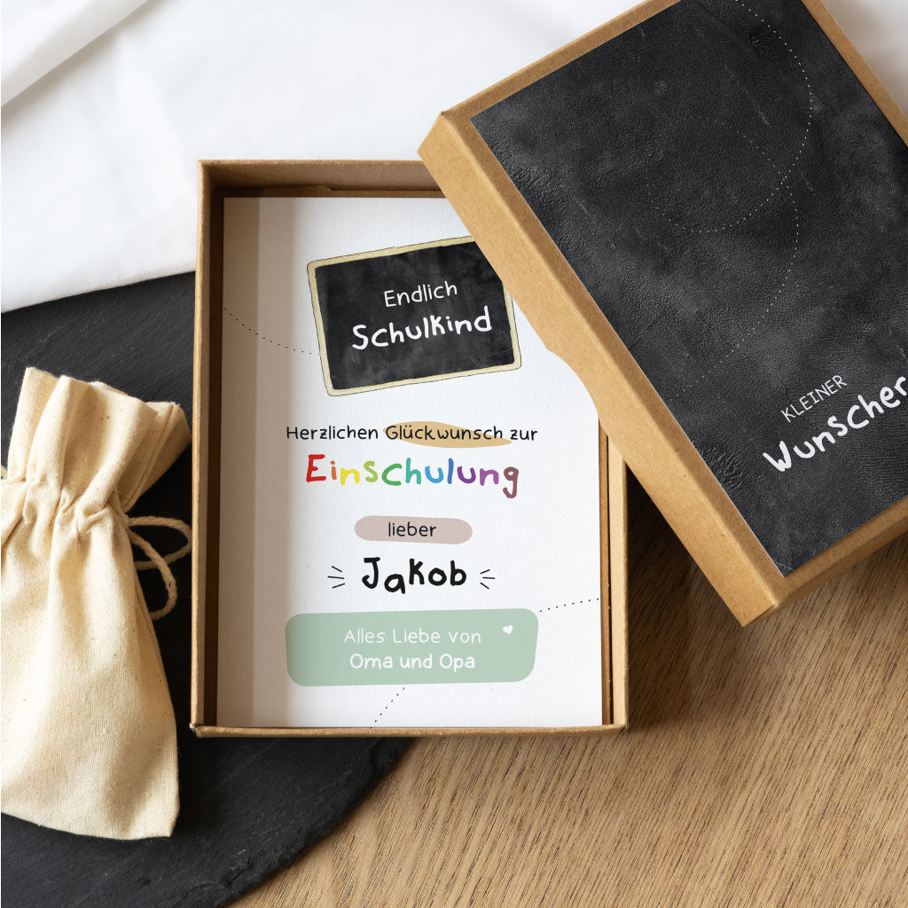 Innen in Box farbige personalisierte Karte mit Glückwünschen zum Schulanfang