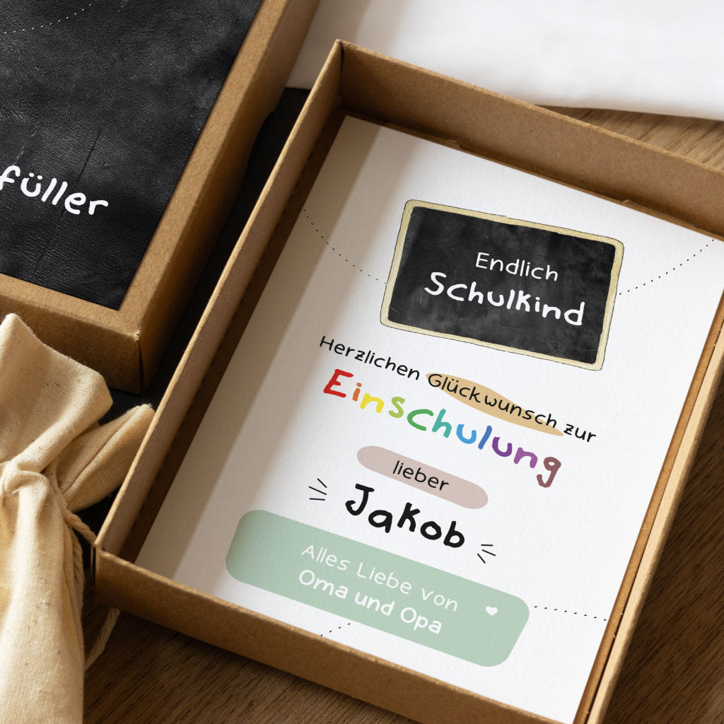 Endlich Schulkind! Geschenkbox für Geldgeschenk mit Baumwollsäckchen