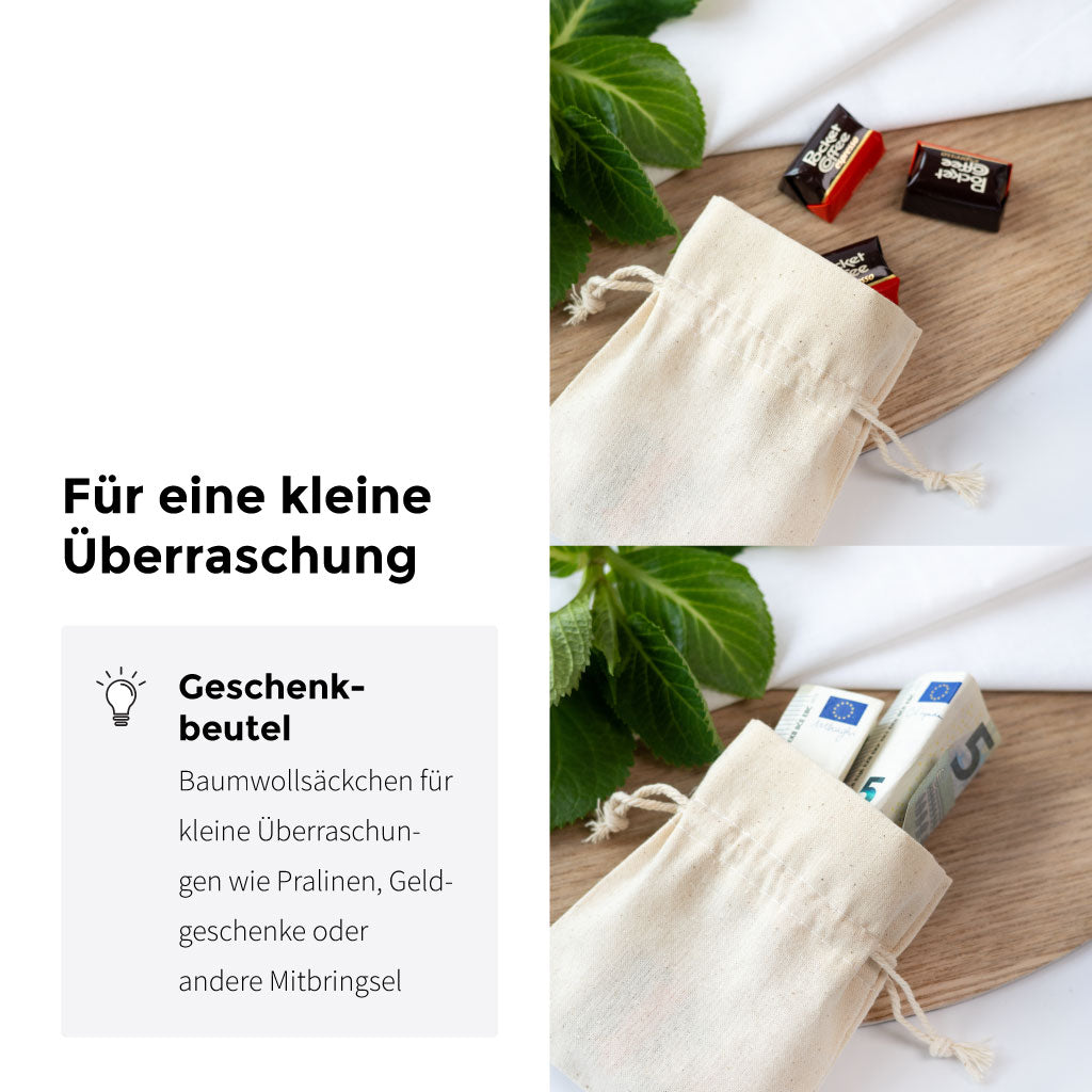 Baumwollsäckchen für kleine Überraschungen wie Pralinen, Geldgeschenke oder andere Mitbringsel