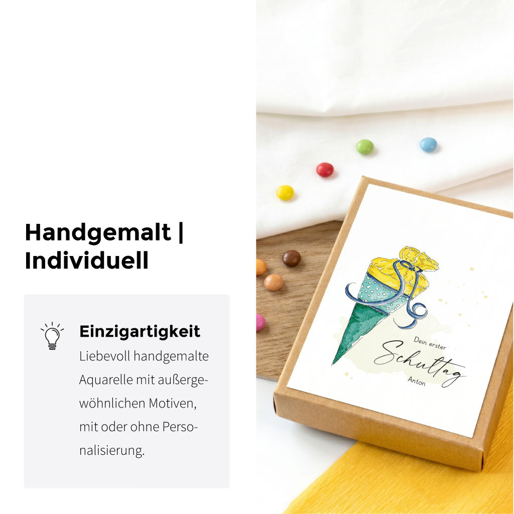 Bedruckte Einlegekarte mit einem motivierenden Gedicht zum Schulstart in der liebevoll gestalteten Geschenkschachtel.