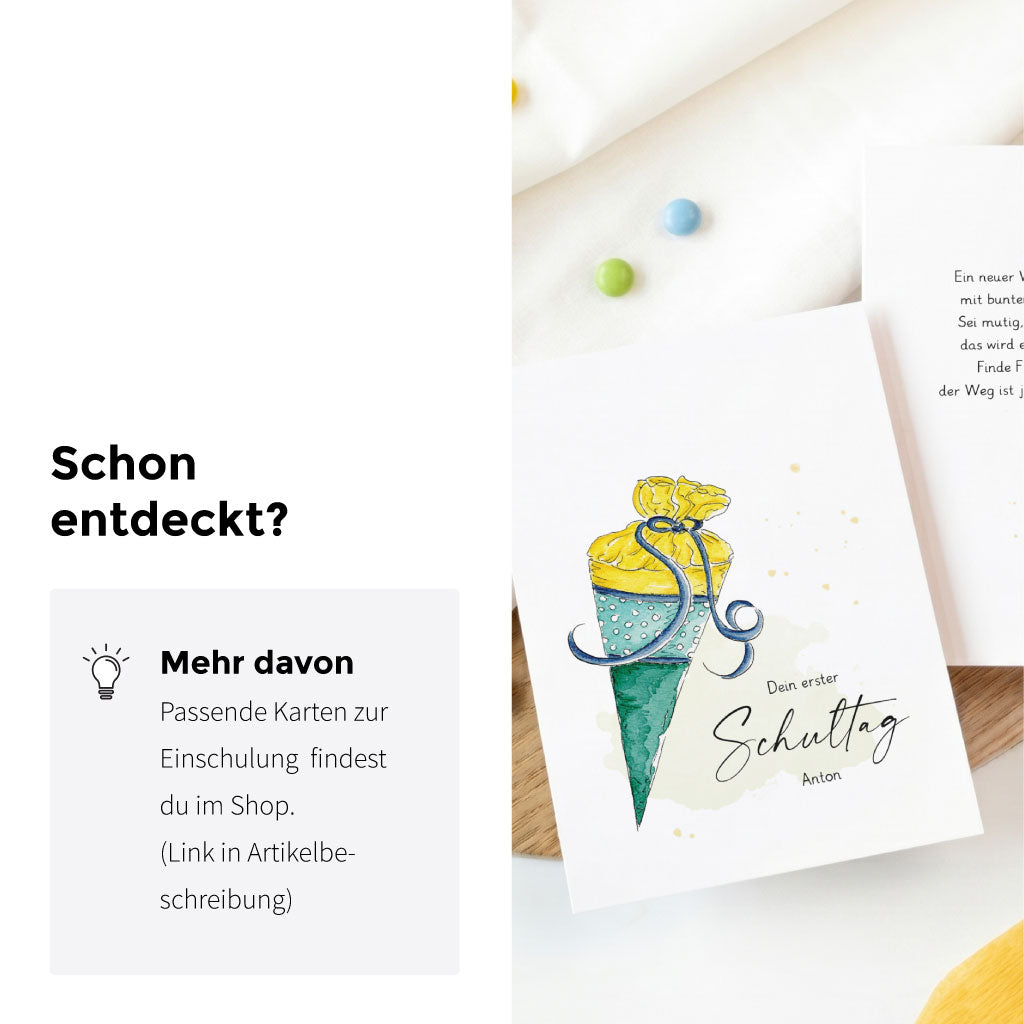 Passende Glückwunschkarte zur Einschulung im gleichen Design wie die Geschenkschachtel mit Schultüten Motiv.