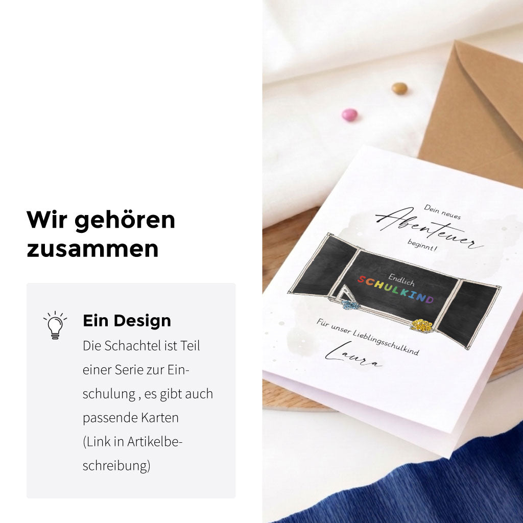 Klappkarte zum Schulanfang im passenden Design zur Geschenkschachtel mit schönem Schulkind Aquarell Motiv.