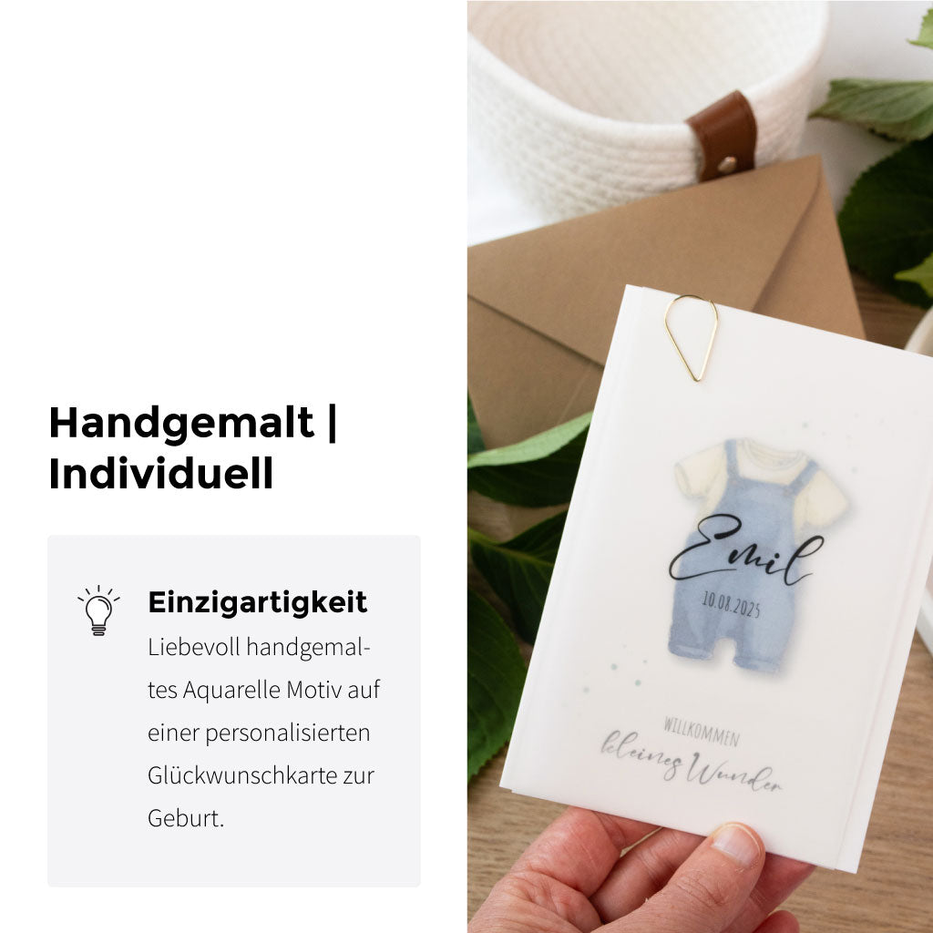 Handgemalte Aquarellkarte zur Geburt mit zartem Motiv für Jungen, personalisiert mit Name und Geburtsdatum auf einem transparenten Deckblatt.