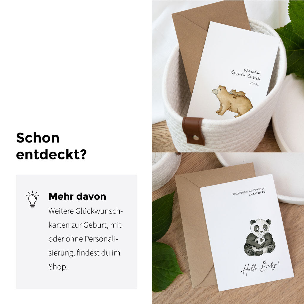 Inspirierende Produktvorschau mit zwei weiteren handgemalten Glückwunschkarten zur Geburt, mit Bär- und Panda-Motiv, personalisierbar.