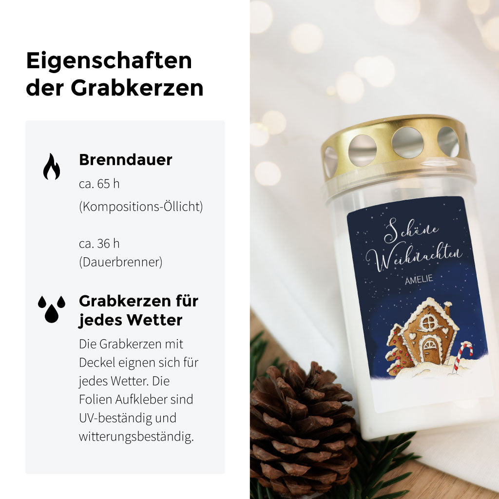 Weihnachtliche Grabkerze mit Lebkuchenhaus-Motiv, wetterfest und UV-beständig – geeignet als Andenken oder Grablicht für Sternenkinder.