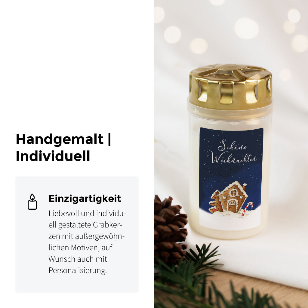 Individuell gestaltete Grabkerze zu Weihnachten mit Aquarellmotiv, ideal als Trauergeschenk oder persönliches Andenken im Advent.