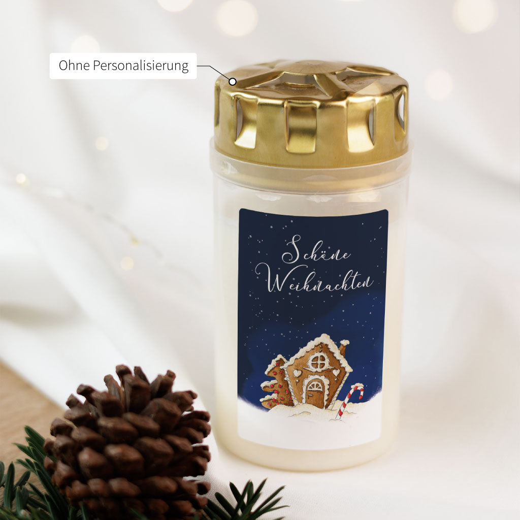 Nicht personalisierte Grabkerze mit Lebkuchenhaus-Illustration – stimmungsvolles Aquarellmotiv als stilles Weihnachtsandenken für das Grab.