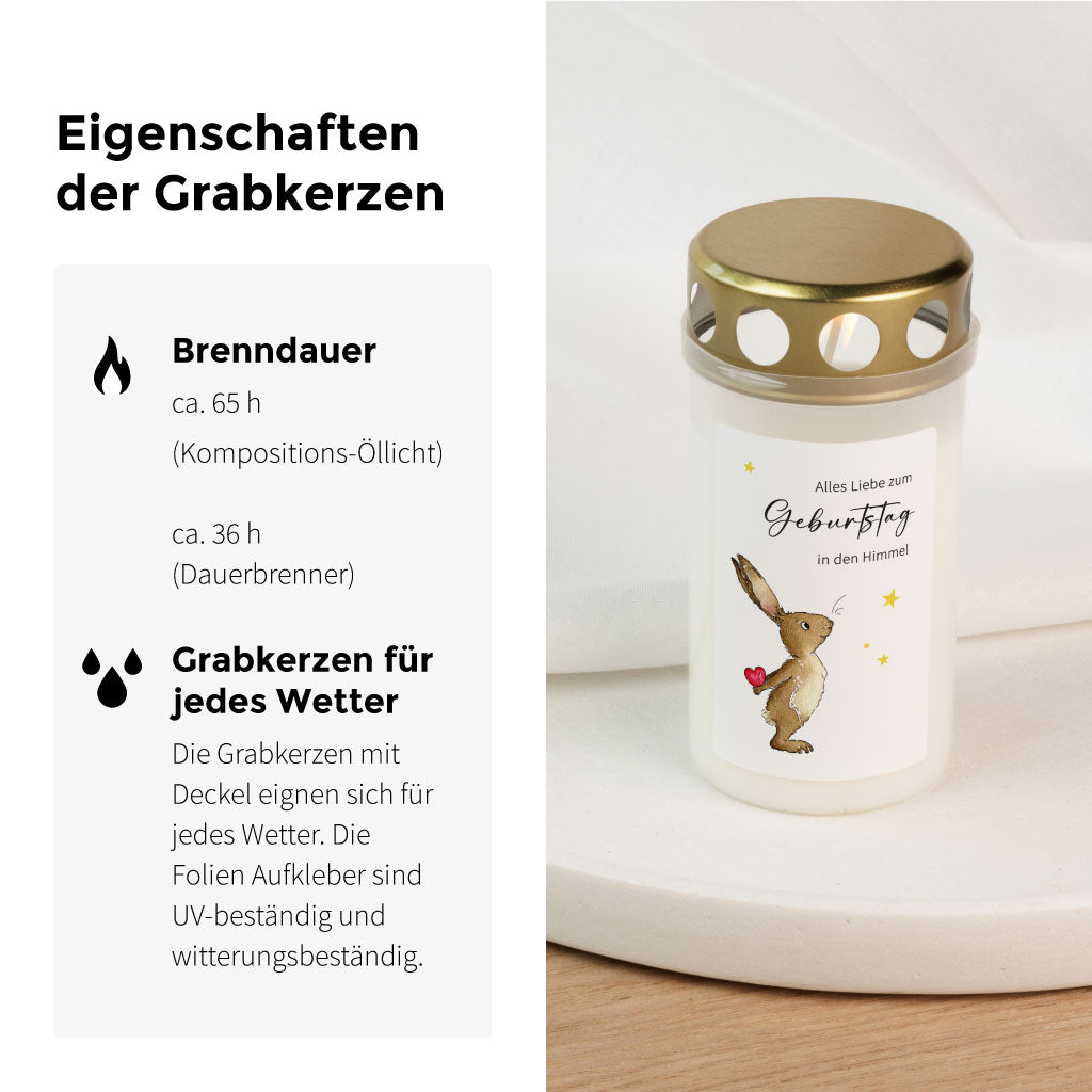 Eigenschaften der Grabkerzen wie Wetterfestigkeit und Brenndauer