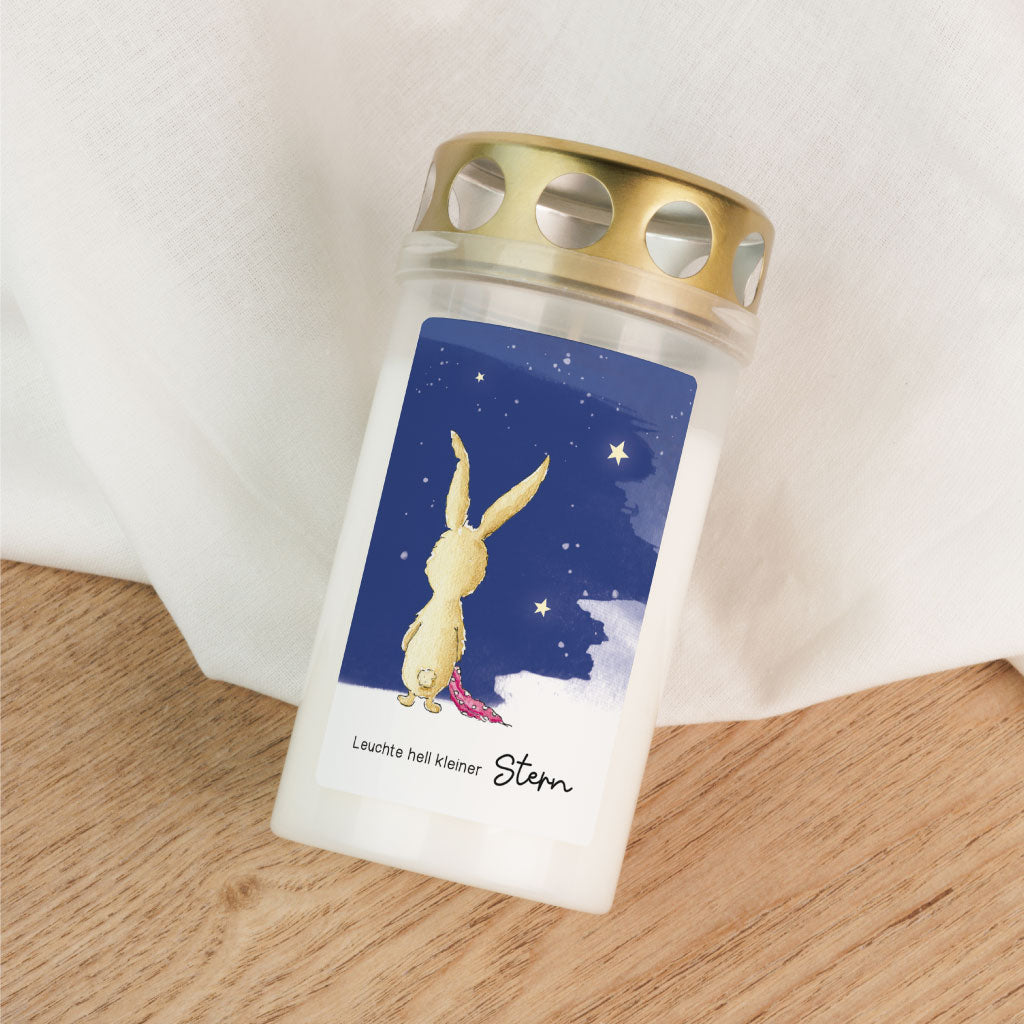 Sternenkind Grablicht mit Hase, der in den Sternenhimmel schaut