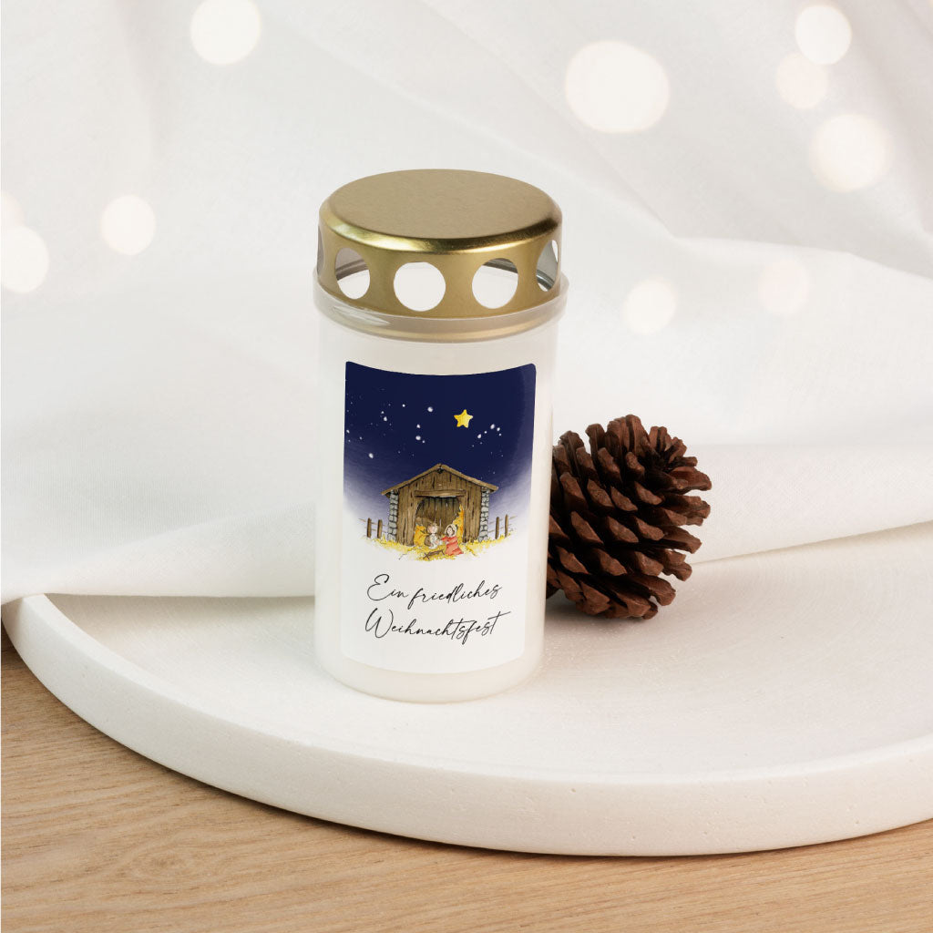 Grabkerze mit goldenem Deckel und handgemalter Krippe unter Stern – Grablicht zu Weihnachten, liebevolles Andenken und Trauergeschenk für Sternenkind.