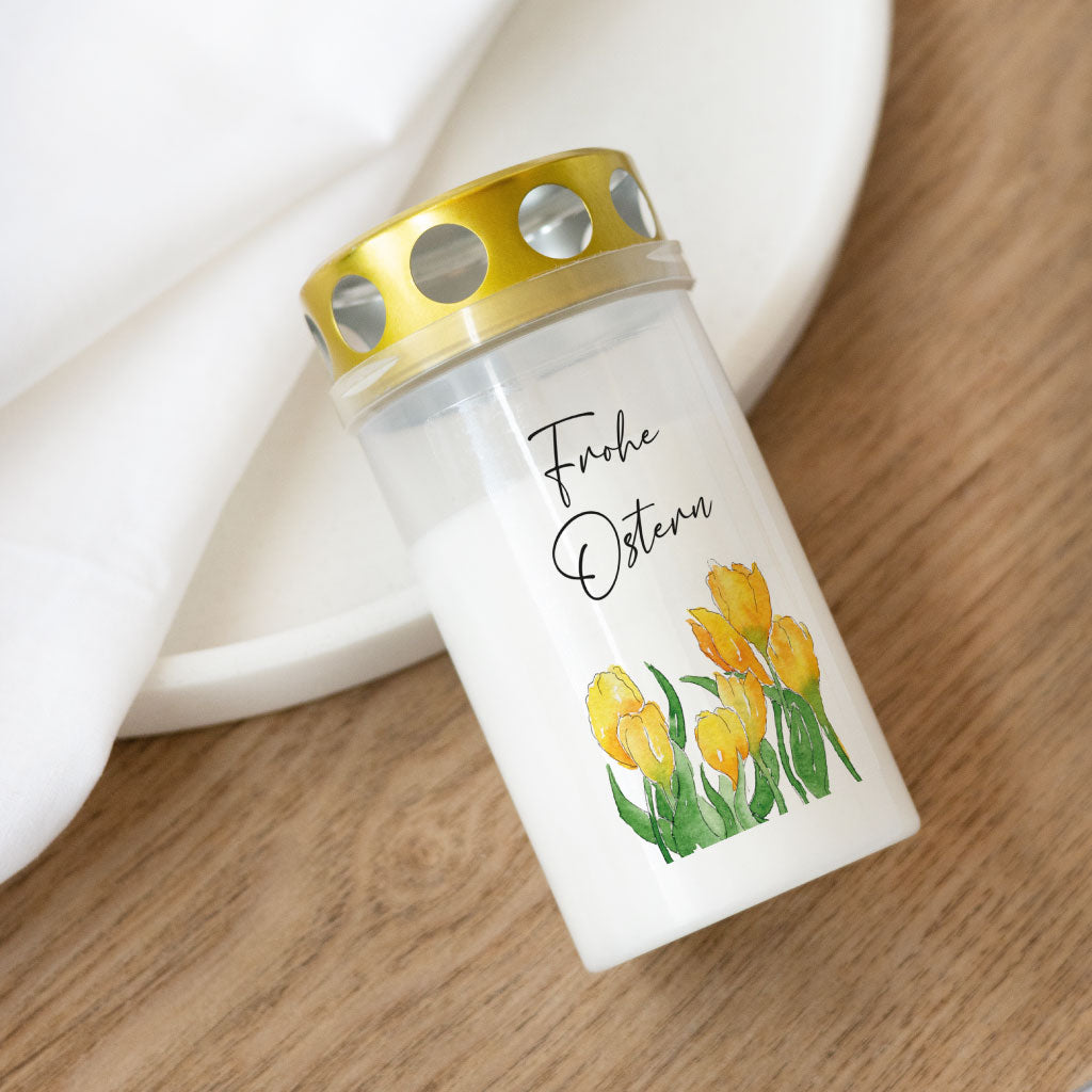 Grabkerze für Ostern mit gelben Krokussen