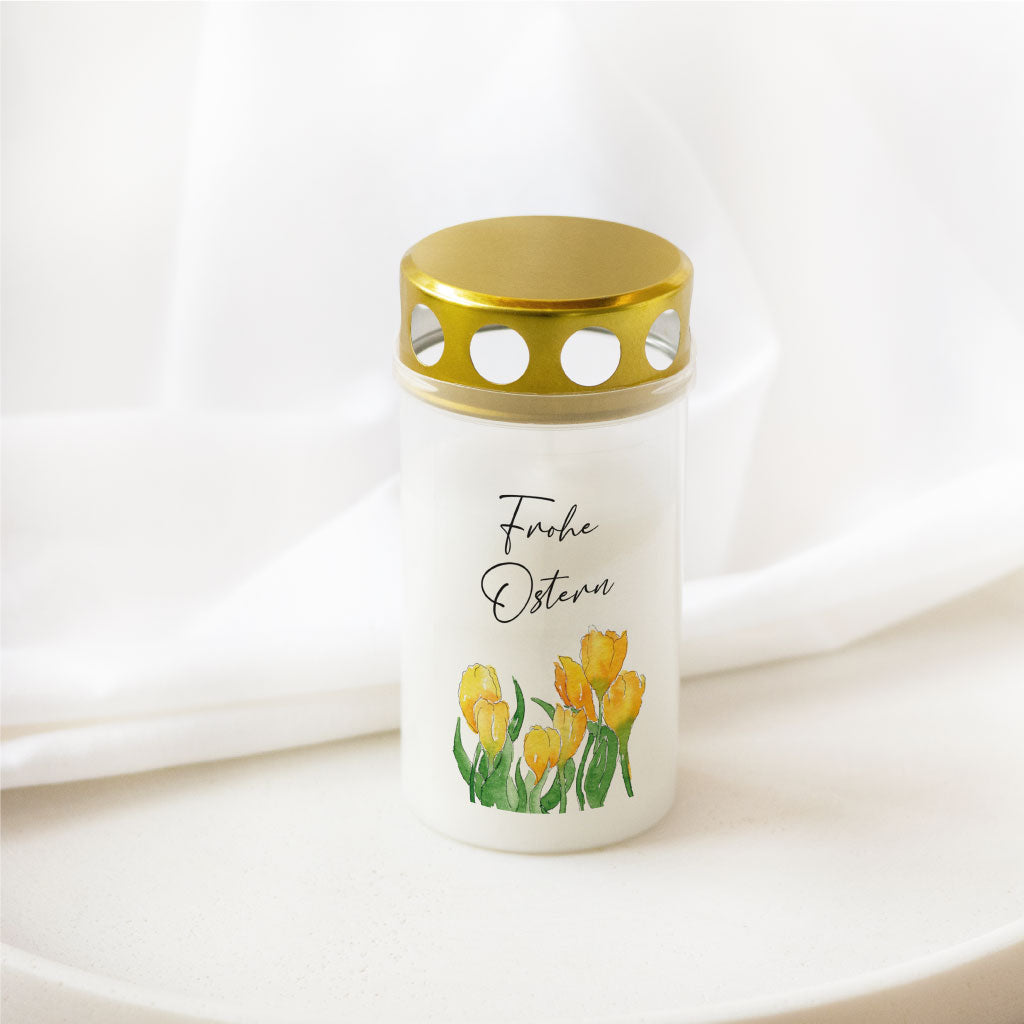 Motiv mit Blumen und Spruch: Frohe Ostern