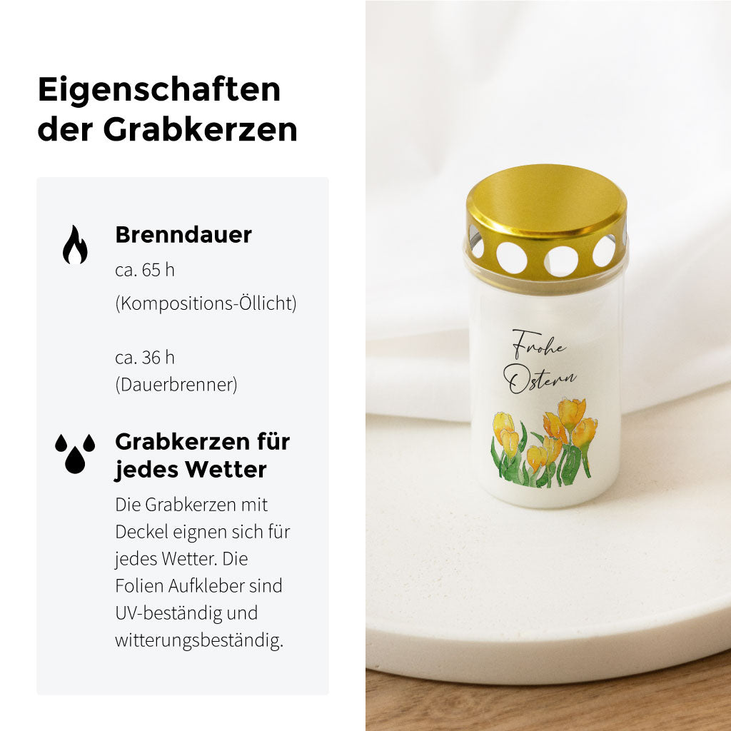 Eigenschaften der Grablichter wie Wetterfestigkeit und Brenndauer